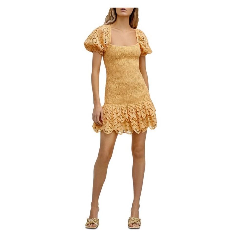 SIGNIFICANT OTHER Womens Orange Tie Open Back Hem Pouf Sleeve Mini Dress 2